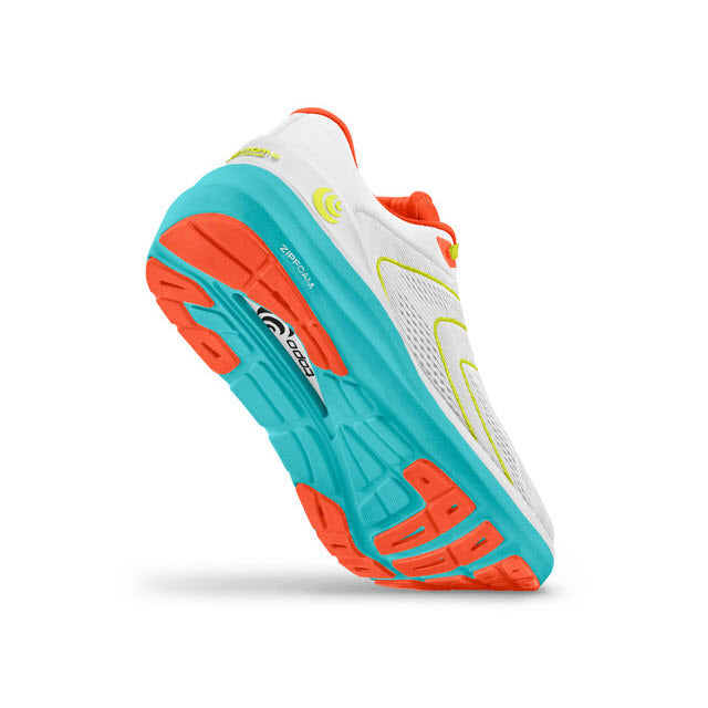 A single sporty Topo Phantom 2 White/Sky - Womens sneaker with white, teal, and orange accents, featuring a ZipFoam™ core for enhanced cushioning and response, viewed from the heel.