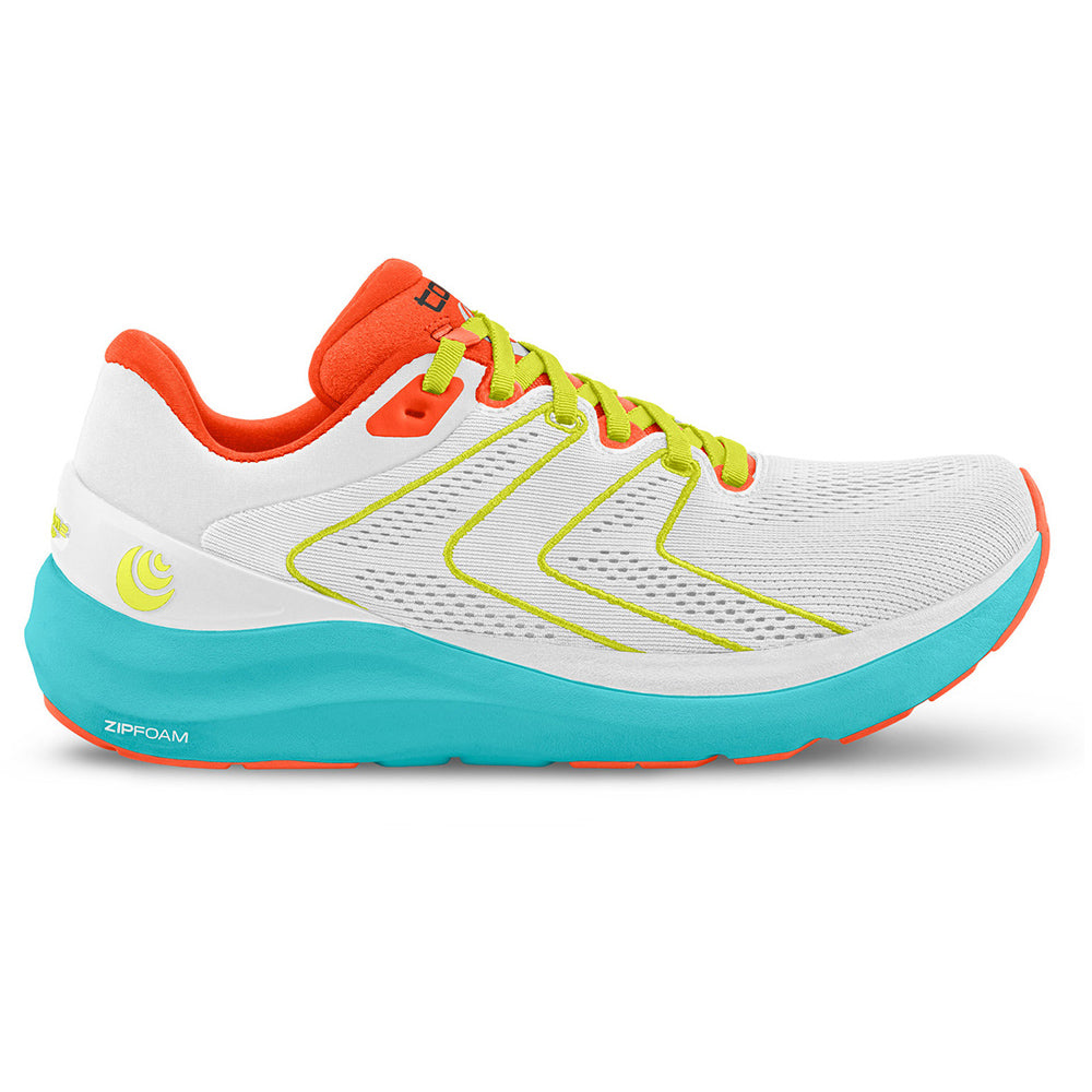 A side view of the TOPO PHANTOM 2 WHITE/SKY running shoe with white mesh upper, bright orange and neon accents, and a turquoise sole featuring ZipFoam™ core for enhanced cushioning and response.
