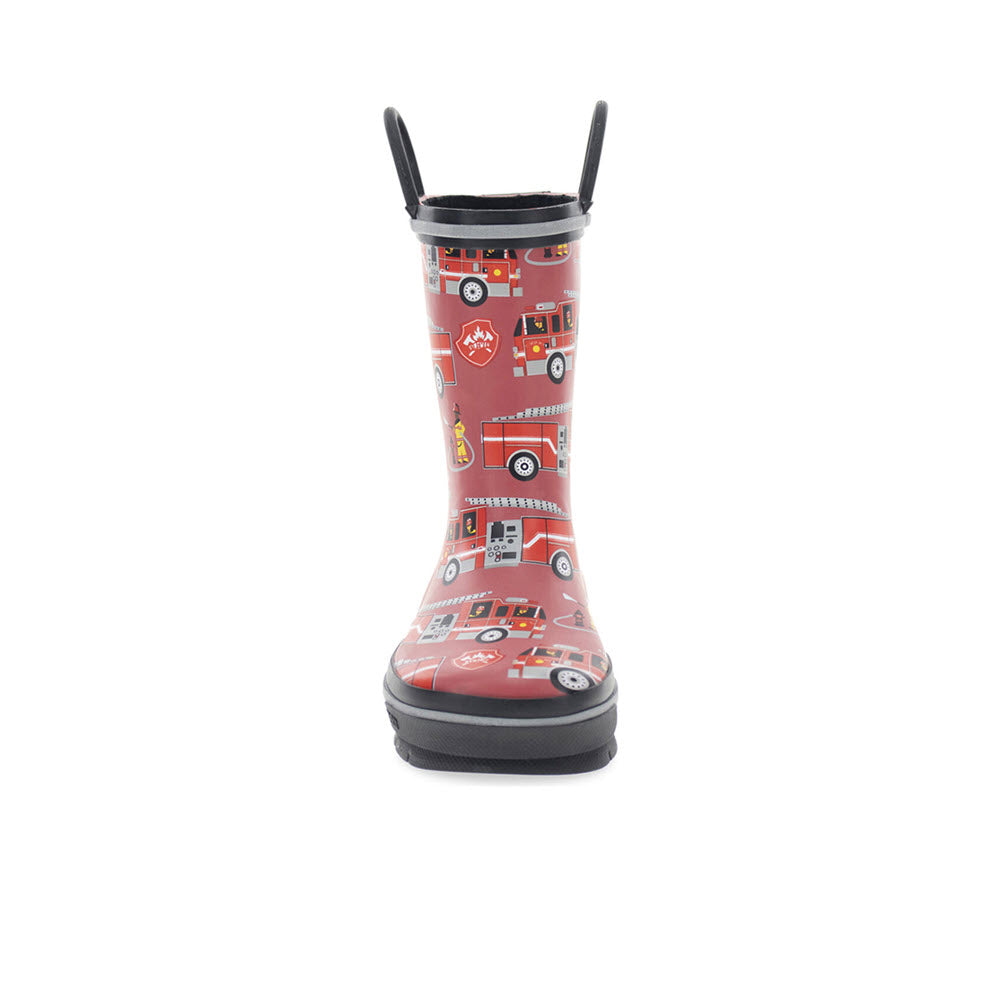 Children&#39;s Western Chief Fire Truck Rescue Red rain boots with traction on a white background, designed to keep feet dry.