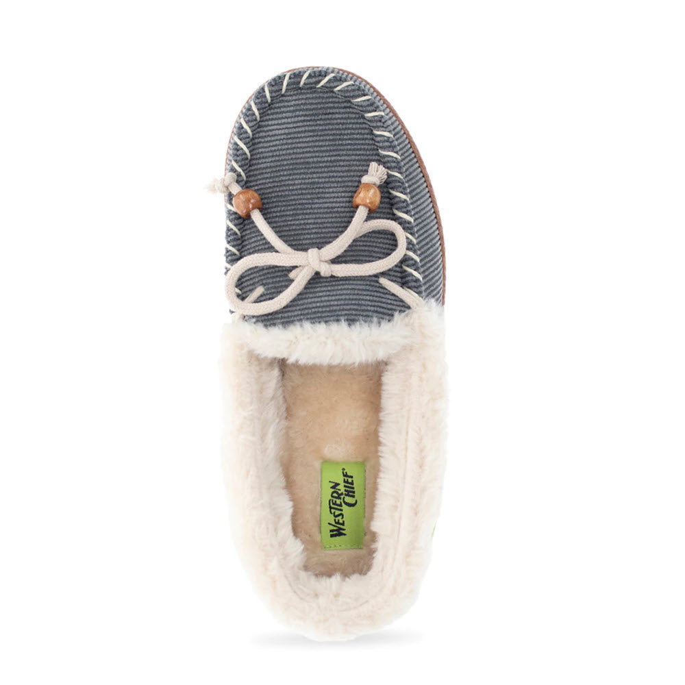 A single WESTERN CHIEF ELAINE ASH - WOMENS moccasin slipper with white laces and faux fur lining.