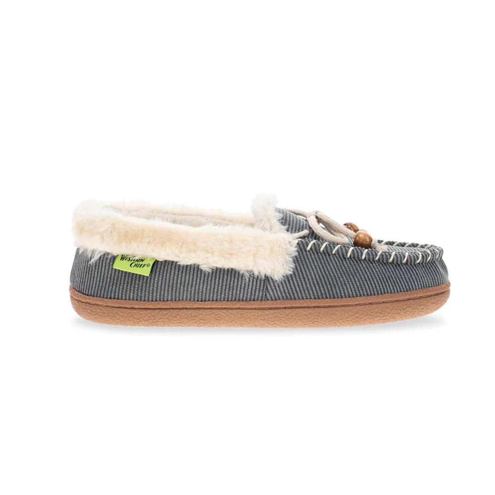 A single Western Chief Elaine Ash slipper with faux fur lining on a white background.