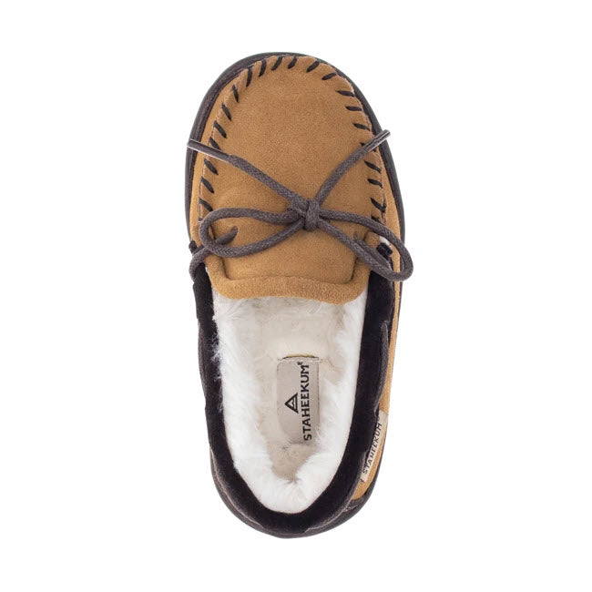 A single brown Staheekum kid&#39;s slipper with a fleece lining and memory foam insoles, viewed from above.