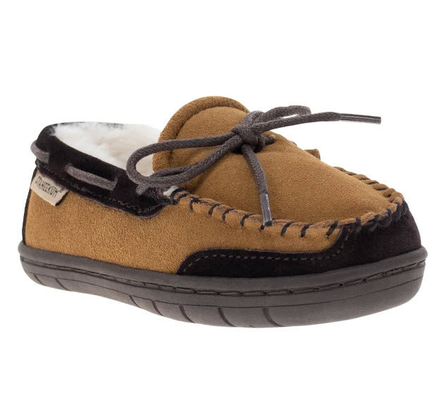 Brown Staheekum moccasin kid&#39;s slipper with fleece lining and black rubber sole.