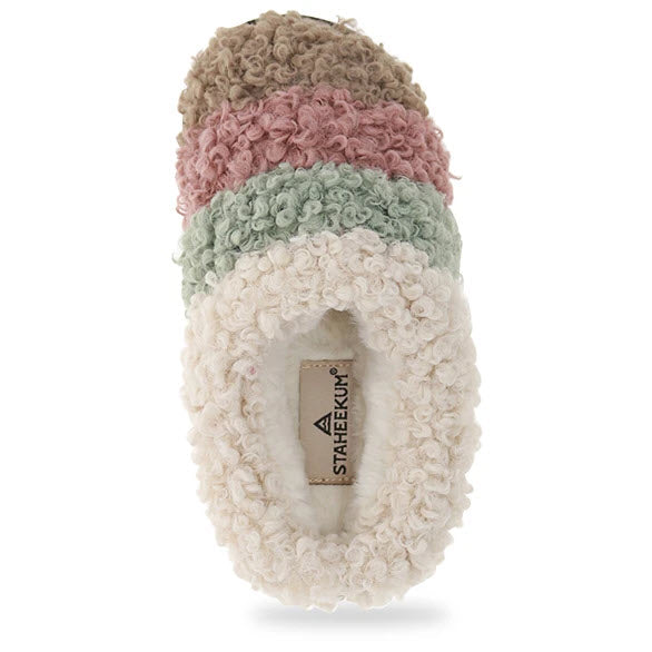 Stack of three soft, plush bathroom rugs in beige, pink, and green arranged in a vertical line against a white background with a Staheekum Clemson Natural Multi - Kids scuff slipper.