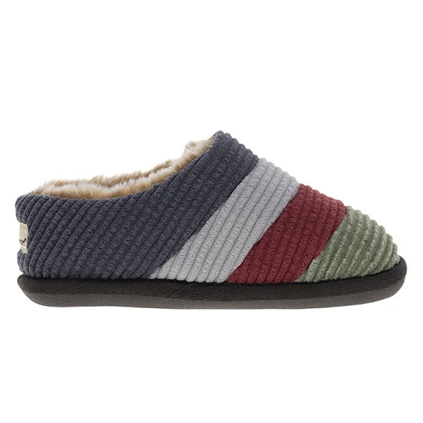 Multicolored striped Staheekum Clemson Winter Multi scuff slipper with a plush lining and a rubber sole.