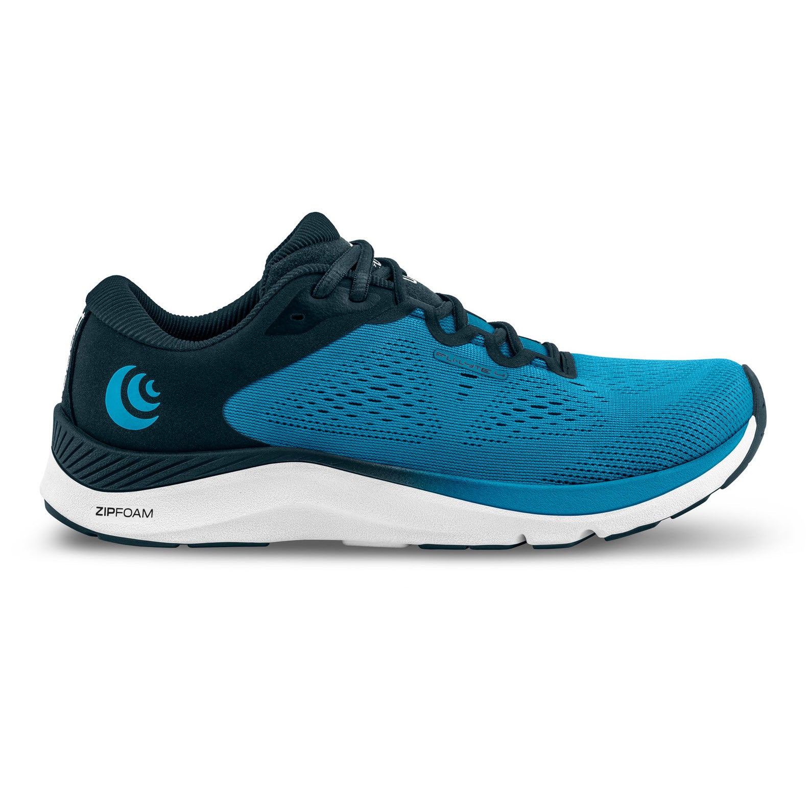 A single TOPO FLI-LYTE 4 BLUE/WHITE - MENS running shoe with a white sole and the brand's logo on the side.