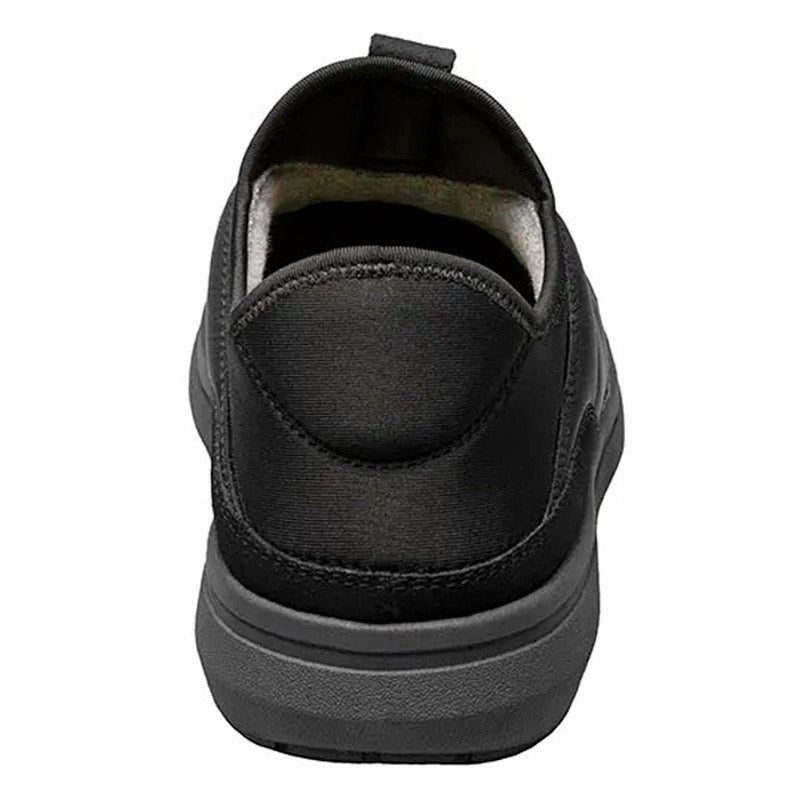 Rear view of a black slip-on Florsheim Java Moc Nylon shoe.