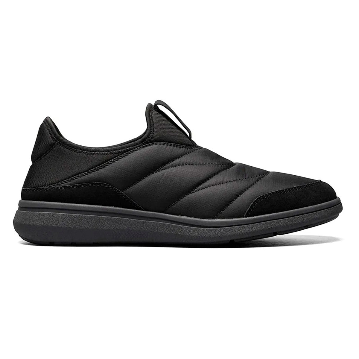 Black Florsheim Java Moc Nylon slip-on sneaker with a quilted upper and a non-marking rubber outsole, featuring a pull tab on the heel.