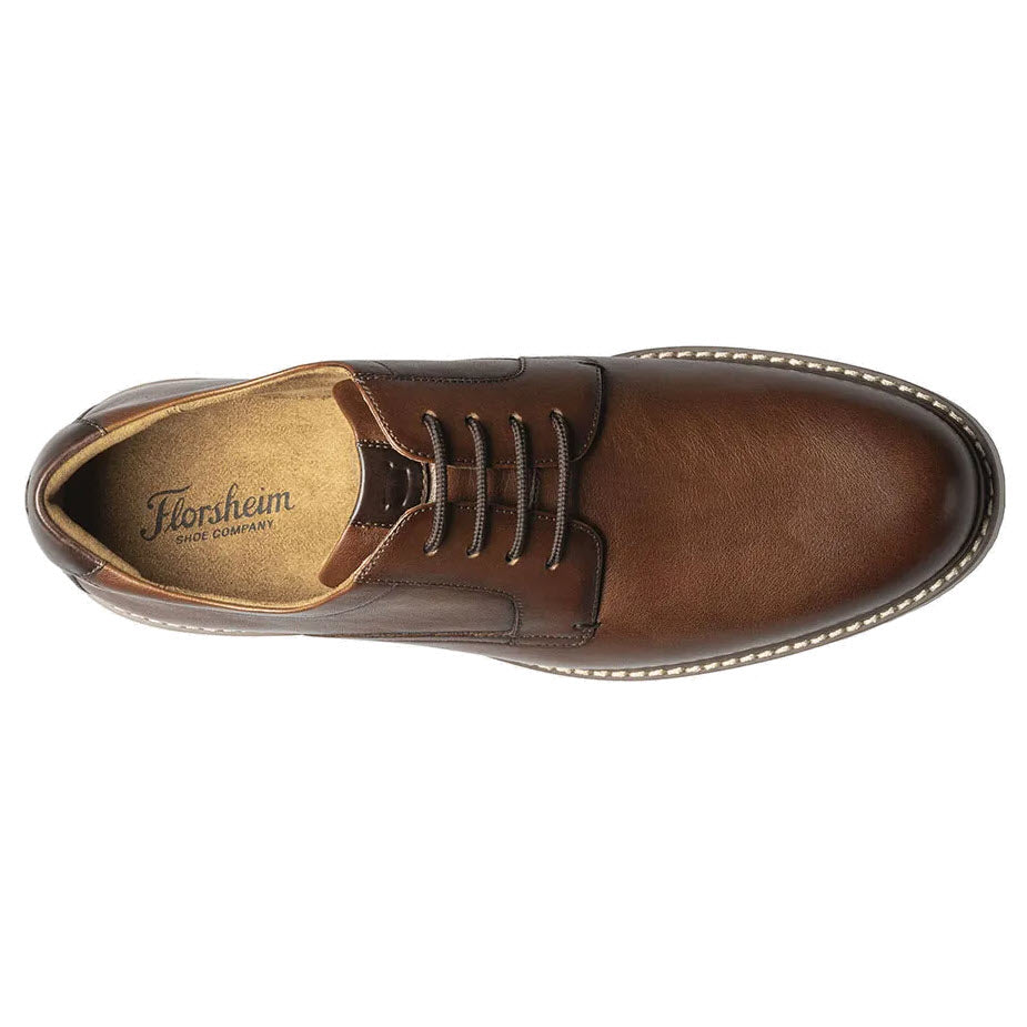 Top view of a Florsheim Norwalk Plain Toe Oxford Cognac - Mens with a milled leather upper.