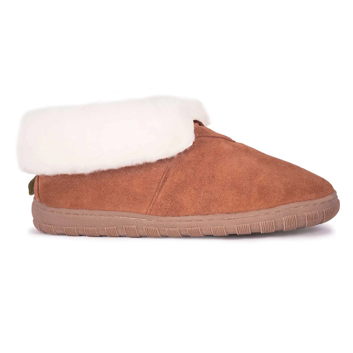 A single Cloud Nine Ladies Bootie Chestnut slipper with a suede leather upper and white fluffy lining on a white background.