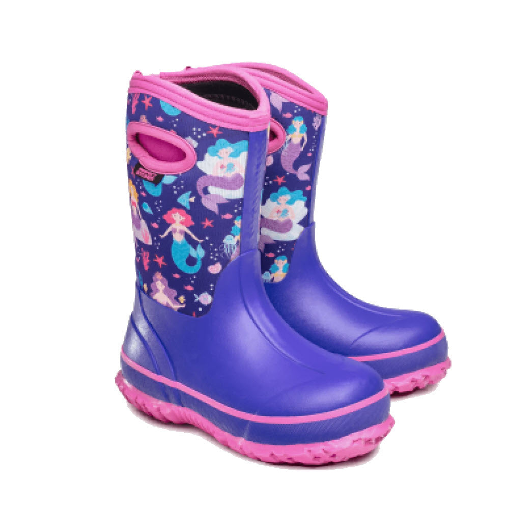Children&#39;s blue and pink waterproof insulated boots with a Perfect Storm Cloud High Mermaids Purple Multi pattern.