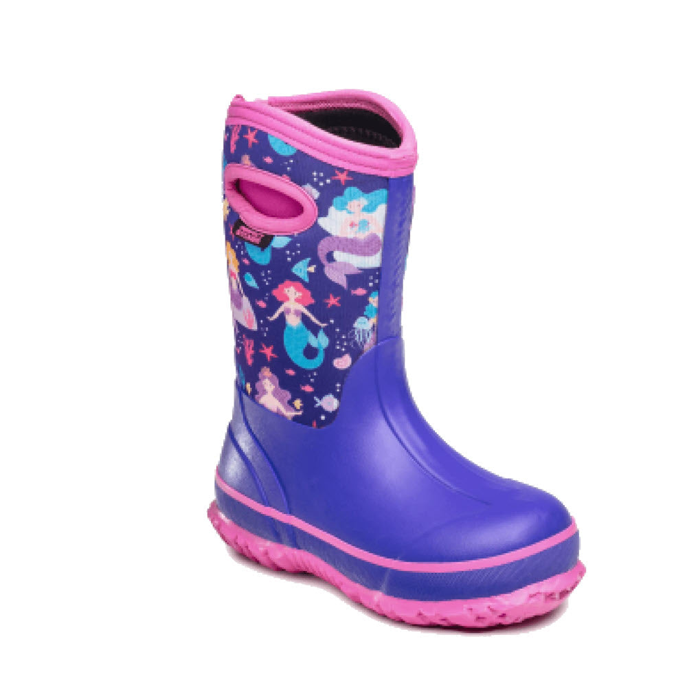 A child&#39;s PERFECT STORM CLOUD HIGH MERMAIDS PURPLE MULTI - KIDS boot with a blue and pink color scheme and a pattern featuring hearts and umbrellas.