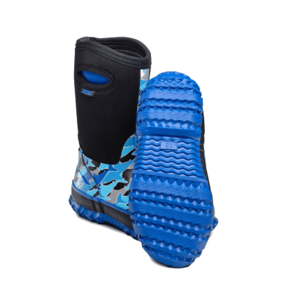 A pair of Perfect Storm Cloud High Shark Blue Multi kids snow boots with thick, ridged soles, designed as waterproof insulated kids winter boots.