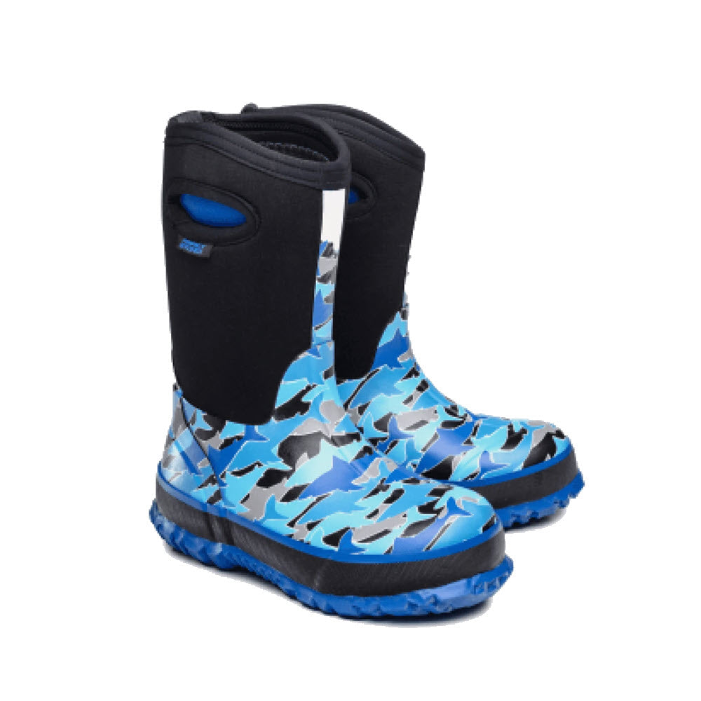 Pair of Perfect Storm Cloud High Shark Blue Multi - Kids boots on a white background.
