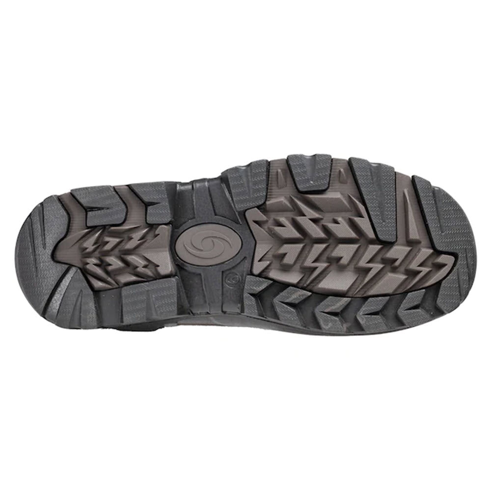Tread pattern of a Perfect Storm THUNDER HD HIGH BLACK - MENS snow boot sole with zigzag and curved design features.