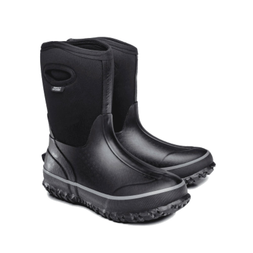 A pair of Perfect Storm Cloud Mid Black waterproof boots with thick soles and pull-on handles, featuring anti-microbial treatments.