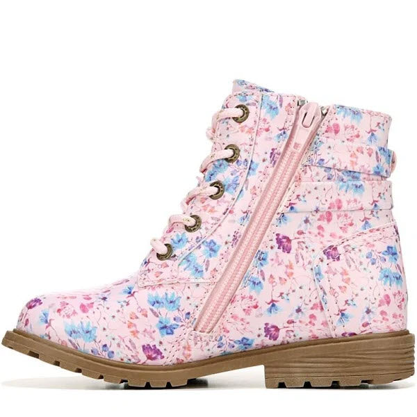 Kids&#39; Blowfish Rya Tots Pink Esme Combat Boot with a pink floral-printed faux-leather upper and a side zipper.