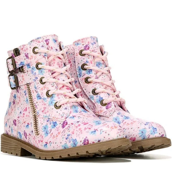 Floral patterned pink Blowfish Rya Tots Pink Esme Combat Boot with lace-up design and side zipper.