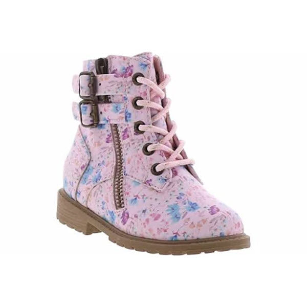 Kids&#39; Blowfish Rya Tots Pink Esme Combat Boot with floral patterned faux-leather upper, laces and side zipper.
