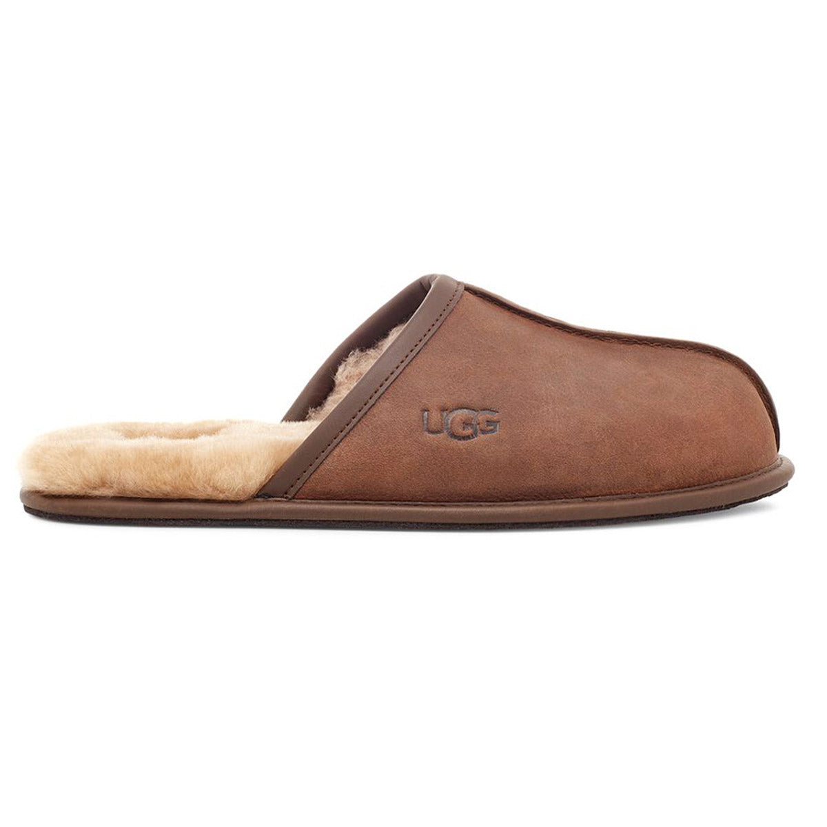 Side view of a single brown UGG SCUFF LEATHER slipper with a shearling lining.