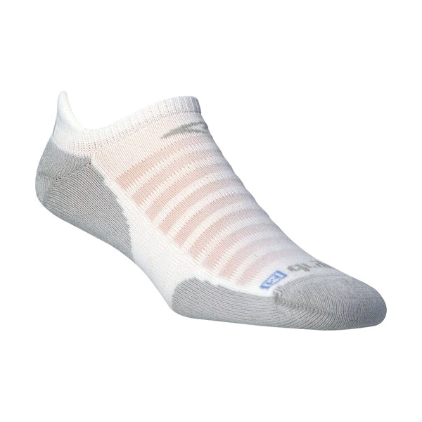White low-cut Drymax Running Lite Mesh athletic sock with gray heel and toe areas and a pattern of horizontal stripes, featuring a Dual-Layer Sweat Removal system ideal for ultra-distance runs.