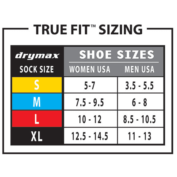 Sock sizing chart for Drymax Running Lite Mesh No Show Tab Sky Blue socks, showing corresponding shoe sizes for men and women per sock size from small to extra large.