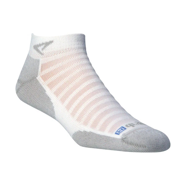 White low-cut Drymax Running Lite Mesh Mini Crew sock with gray accents on the heel and toe, designed to be blister-free.