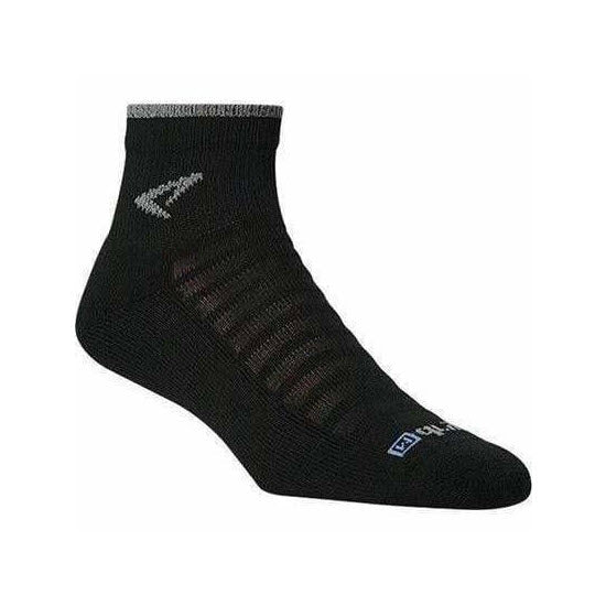 A single black athletic ankle sock with a logo displayed on the side, featuring the Drymax Dual-Layer Sweat Removal system, such as the Drymax Running Lite Mesh 1/4 Crew Sock in black.