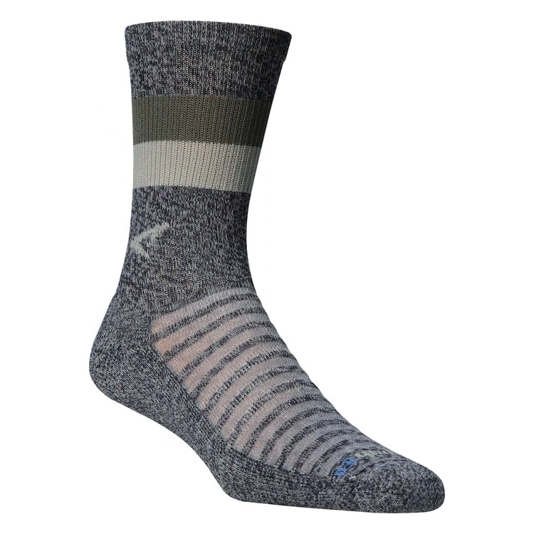 A single gray striped crew sock with a green accent displayed against a white background, featuring a Drymax Running Lite Mesh Sweat Removal system.