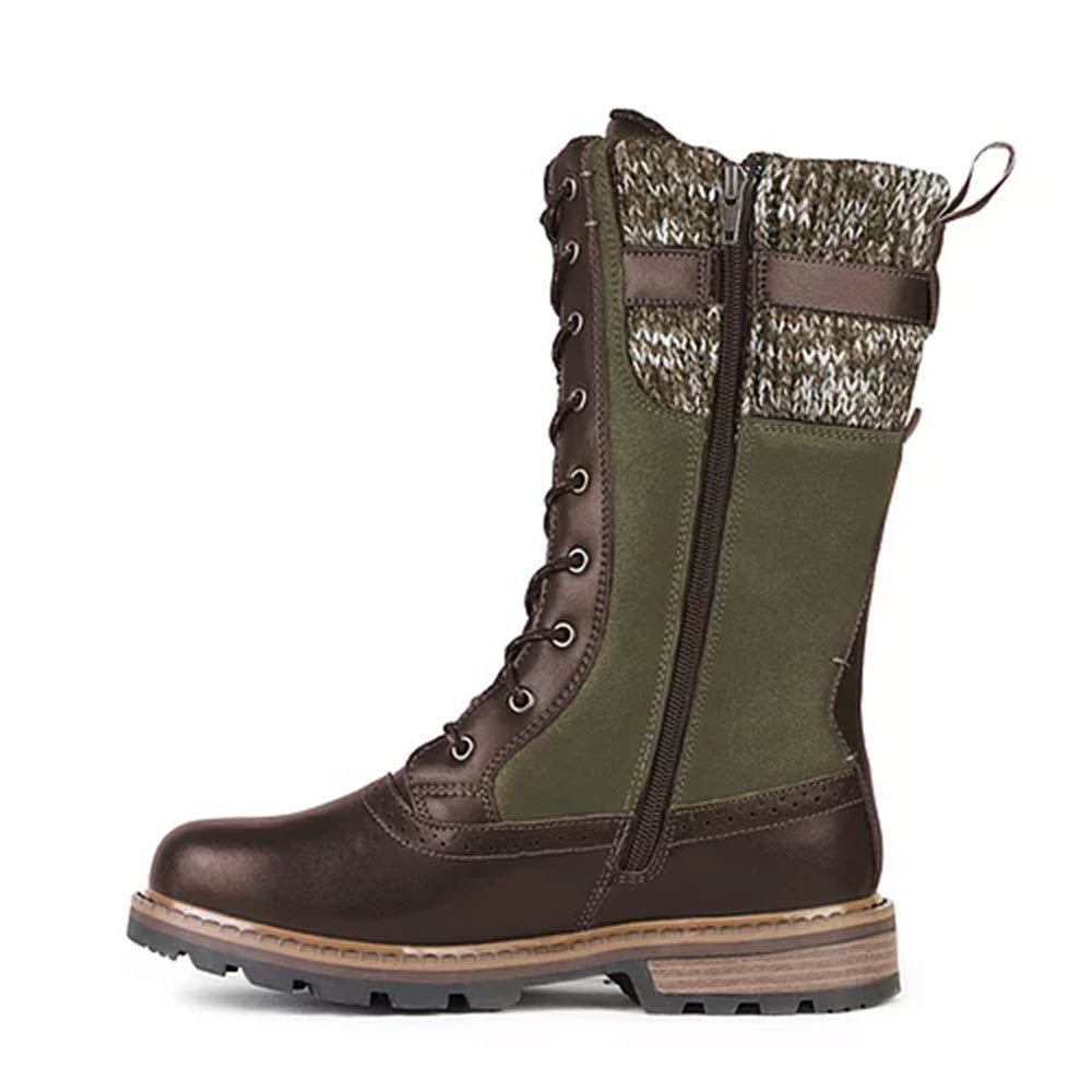 Brown leather and green fabric NexGrip ICE Jenna Olive Repel lace-up boot with a knit panel.