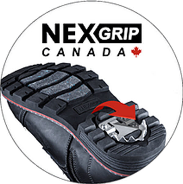 A close-up of a winter boot sole with a retractable cleat mechanism, featuring the NexGrip Ice Jenna Olive Repel - Womens brand logo above.