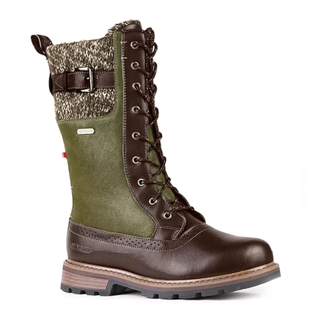 NexGrip lace-up boot with brown leather lower, olive green textile upper, and a herringbone-patterned cuff with a buckle detail. This NexGrip winter boot features an ice grip sole for enhanced traction.