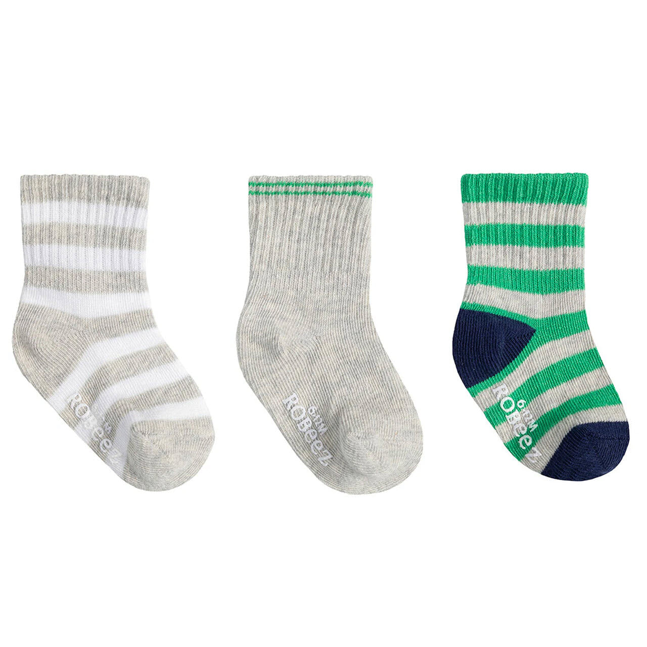 Three pairs of Robeez Daily Dave 3 pack socks for children, featuring kick-proof designs with varying stripe patterns and colors.
