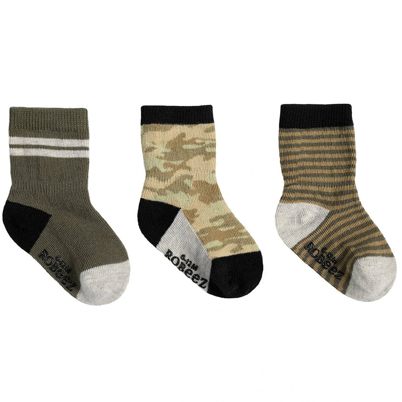 Three pairs of Robeez Jude crew socks in assorted designs.