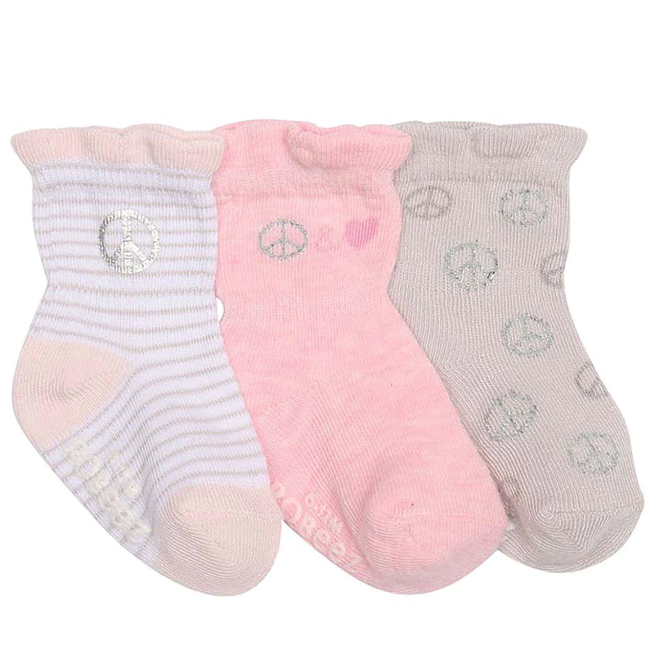 Three pairs of Robeez Peace & Love 3 Pack infant socks in white, pink, and gray, each with an anti-slip pattern on the sole for enhanced safety.
