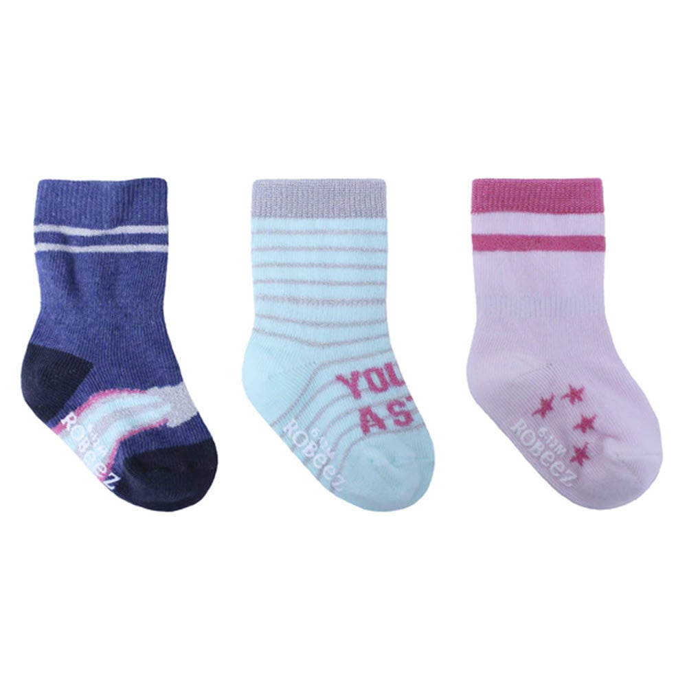 Three pairs of Robeez Aurora 3 Pack socks for children displayed side by side.