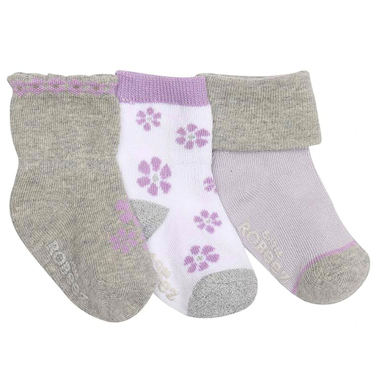 Three pairs of Robeez Purple Flowers 3 Pack socks with varying designs and shades of purple.