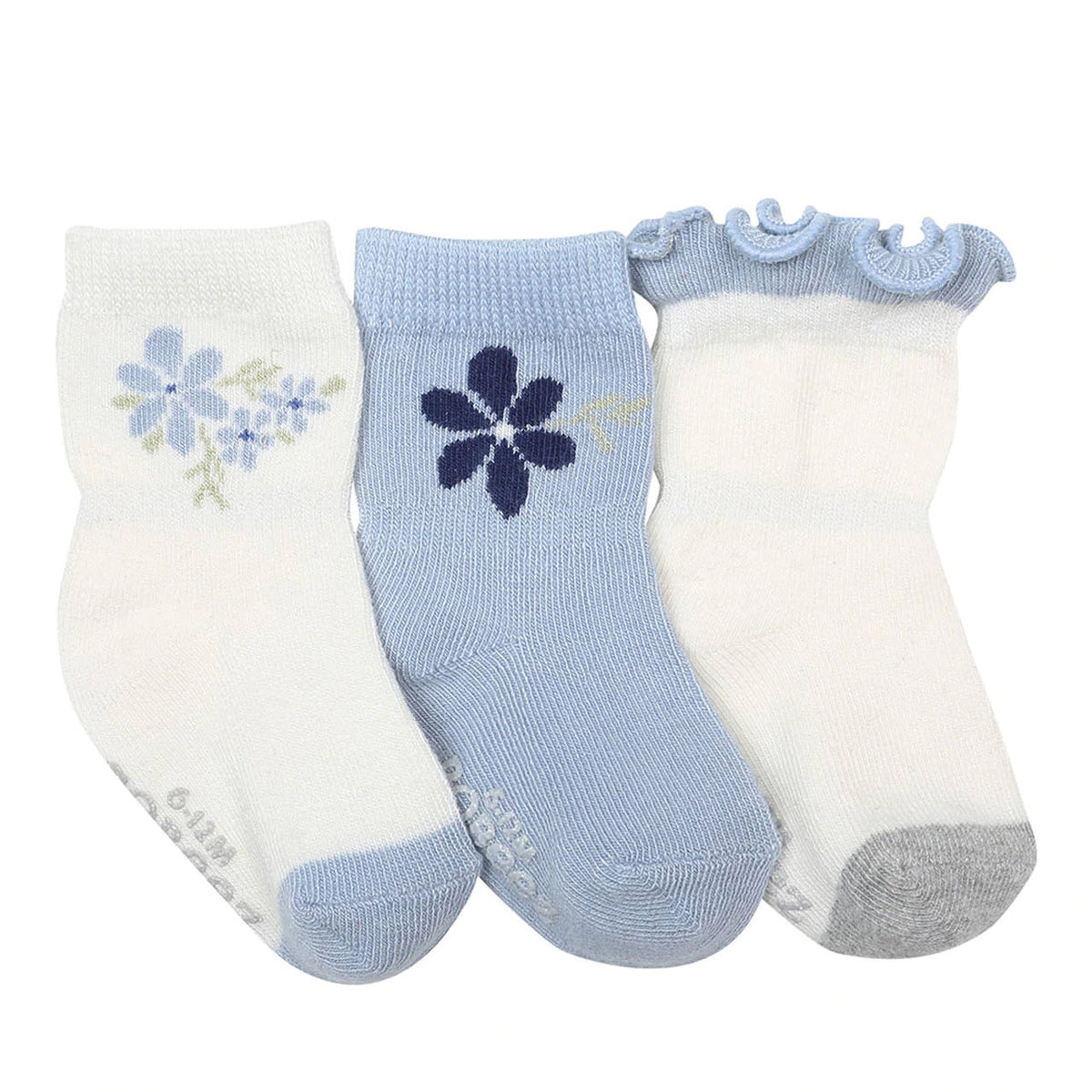 Three pairs of Robeez Pretty in Blue 3 Pack Socks with floral patterns and ruffle trim displayed on a white background.