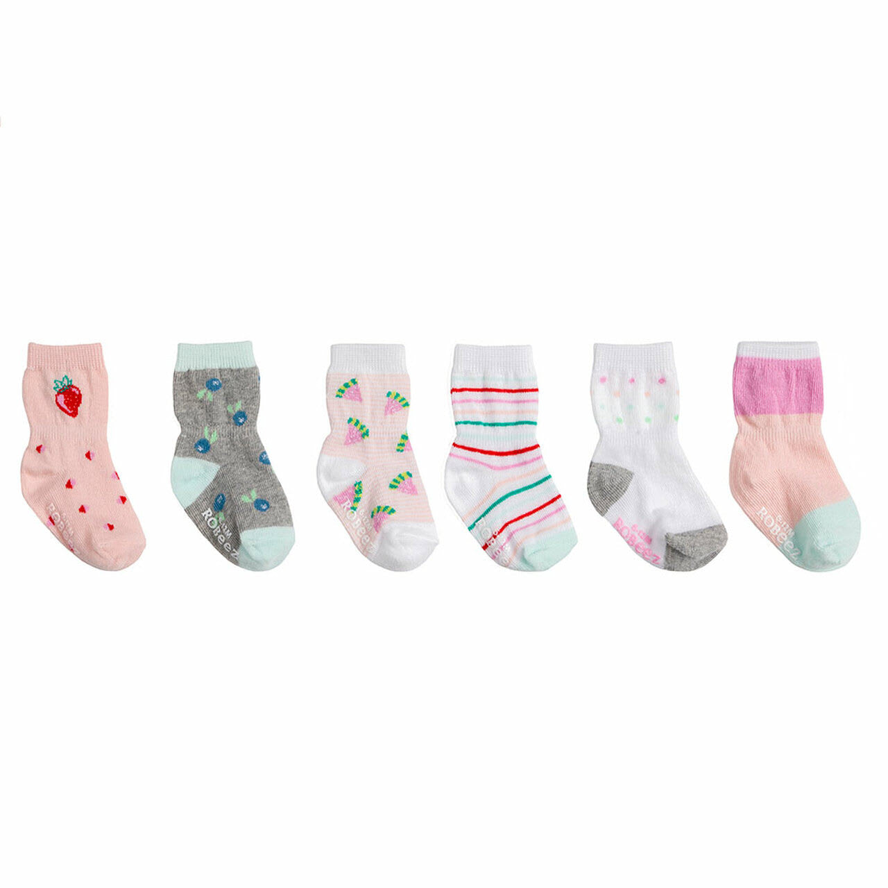 Assorted Robeez Fruity 6 Pack socks for children with various patterns displayed in a row against a white background.