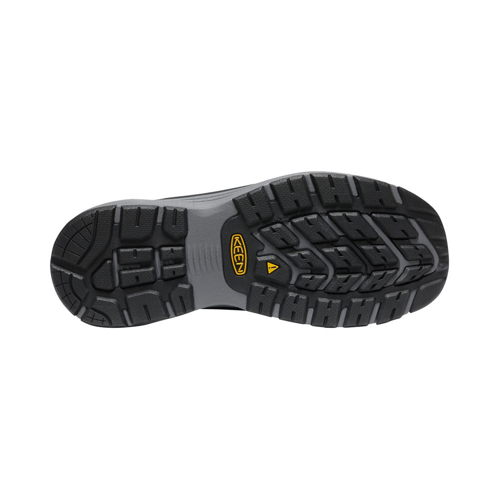 Black rubber sole of a Keen Sparta II Safety Toe EH Black/Gray - Mens shoe with tread pattern, ASTM-rated Aluminum safety toe, and Keen logo.