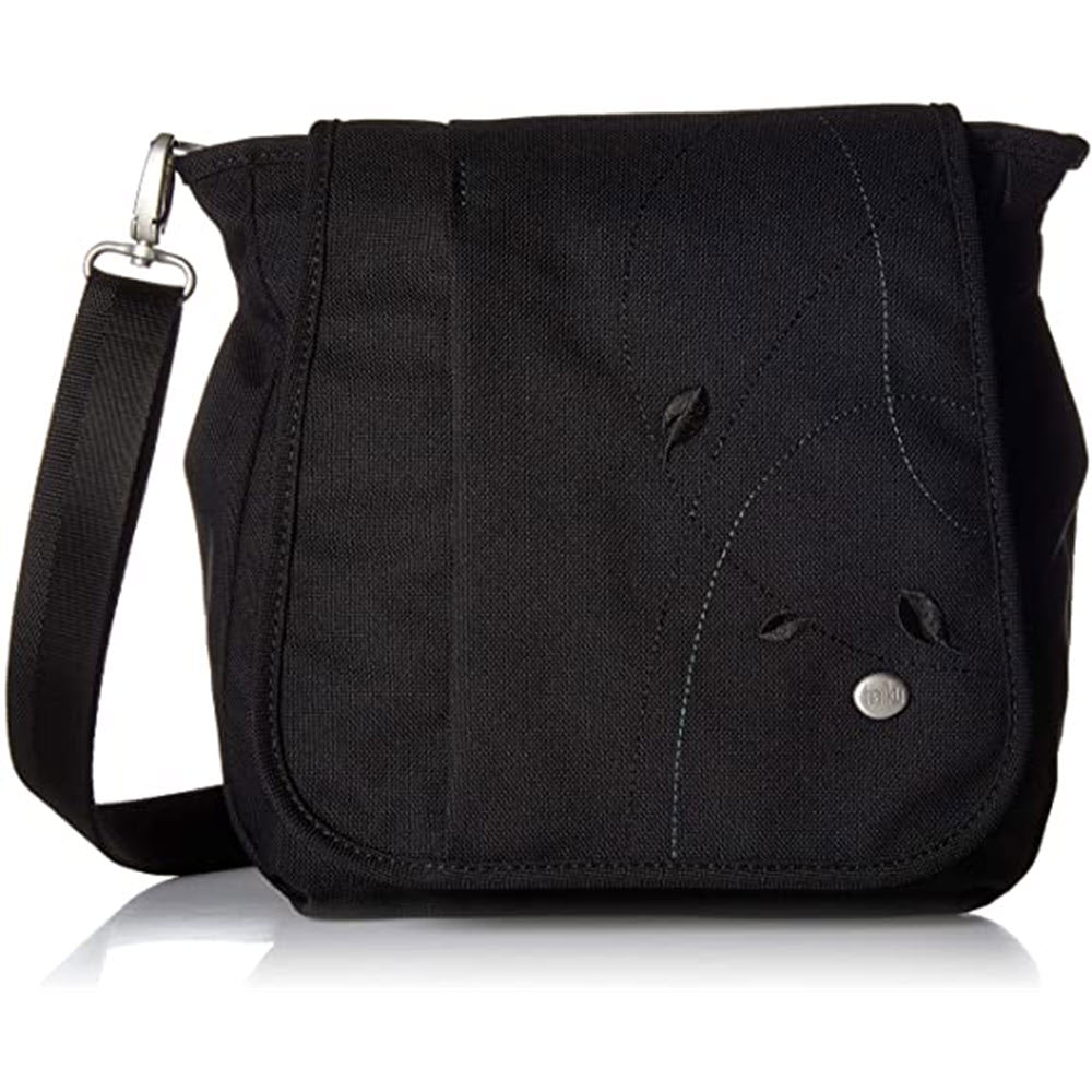 Haiku Wander Black Morel crossbody bag made of recycled material, with an adjustable strap and a front button closure.