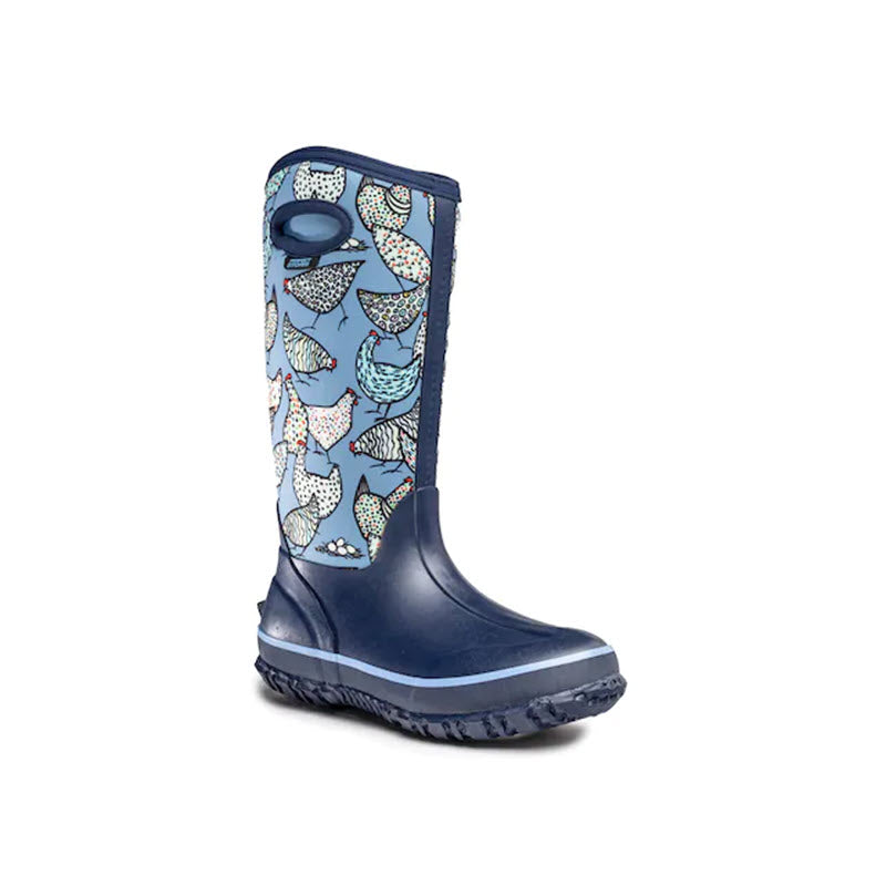 Patterned blue Perfect Storm Cloud High Chickens boots isolated on a white background.
