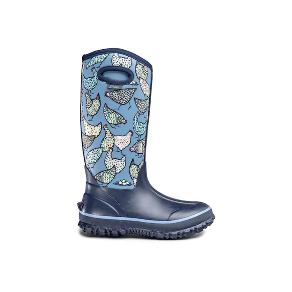 A single Perfect Storm Cloud High Chickens - Womens rain boot with a colorful fish pattern and an arch-supporting insole on a white background.