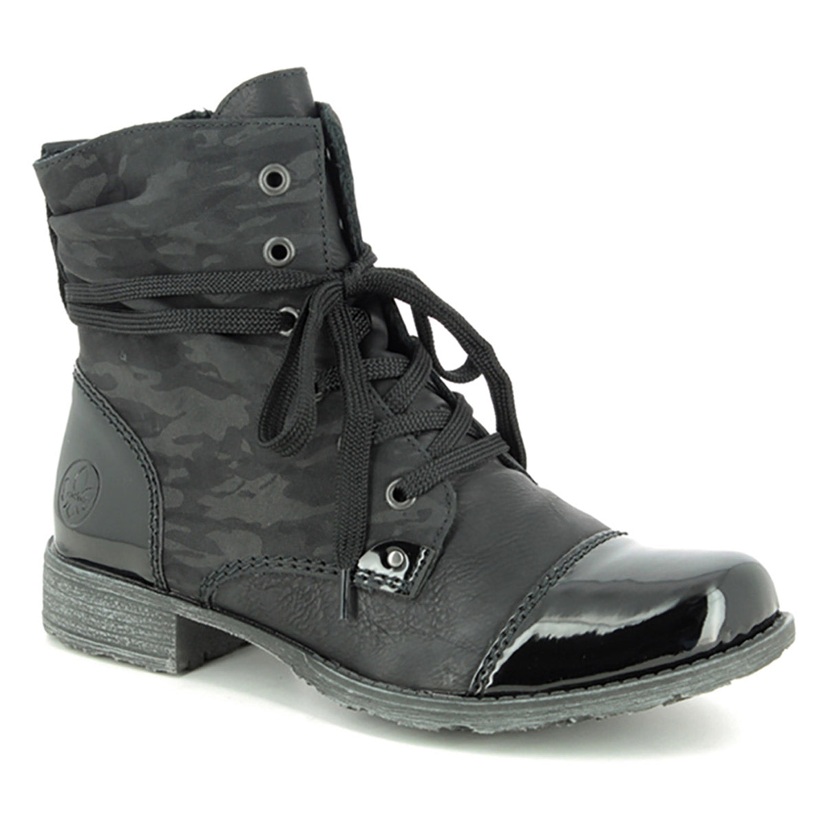 Rieker Lace Up Bootie: Black Camo Print ankle boot with a camouflage fabric shaft and a patent leather toe cap.