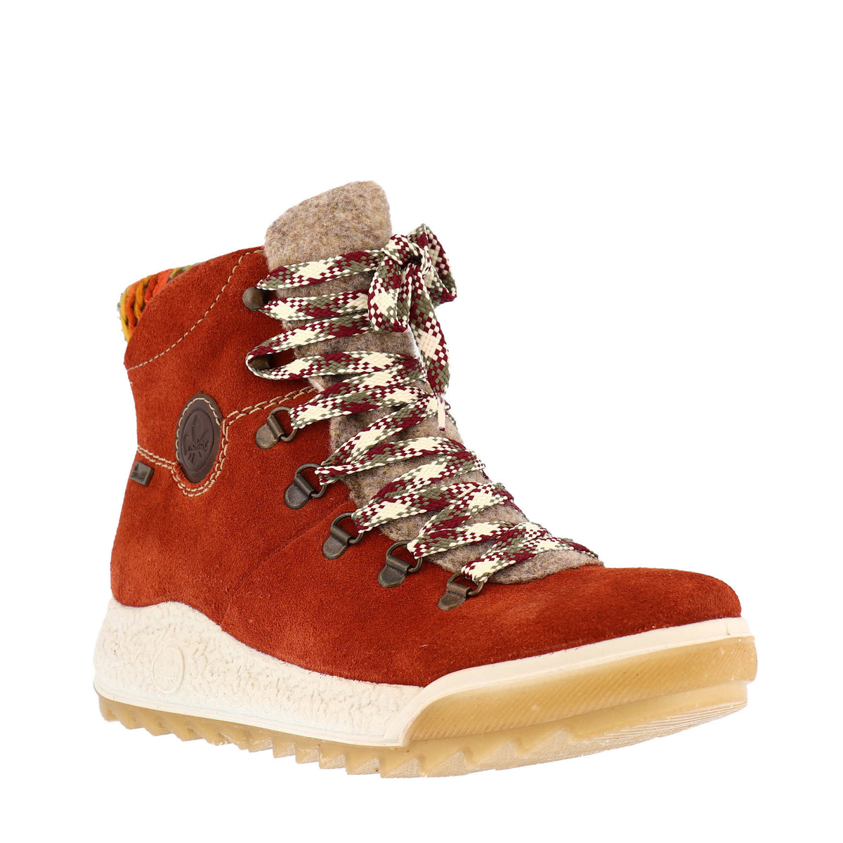 Rieker RIEKER LIGHTWEIGHT URBAN HIKER WITH FUR RED - WOMENS with patterned laces, a shearling collar, and a water-repellent RiekerTex membrane.