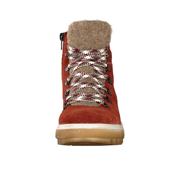 Front view of a red Rieker LIGHTWEIGHT URBAN HIKER WITH FUR lace-up boot with patterned laces.