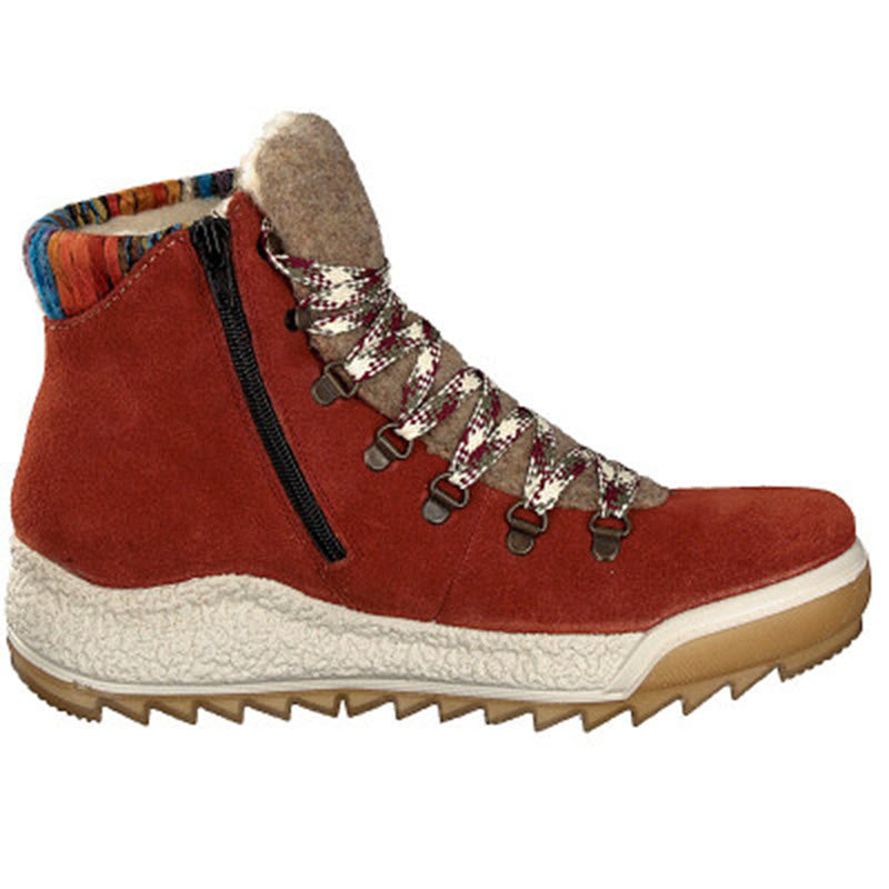Rieker Lightweight Urban Hiker with Fur Red boot with a textured white trim and colorful laces, featuring a water-repellent RiekerTex membrane.