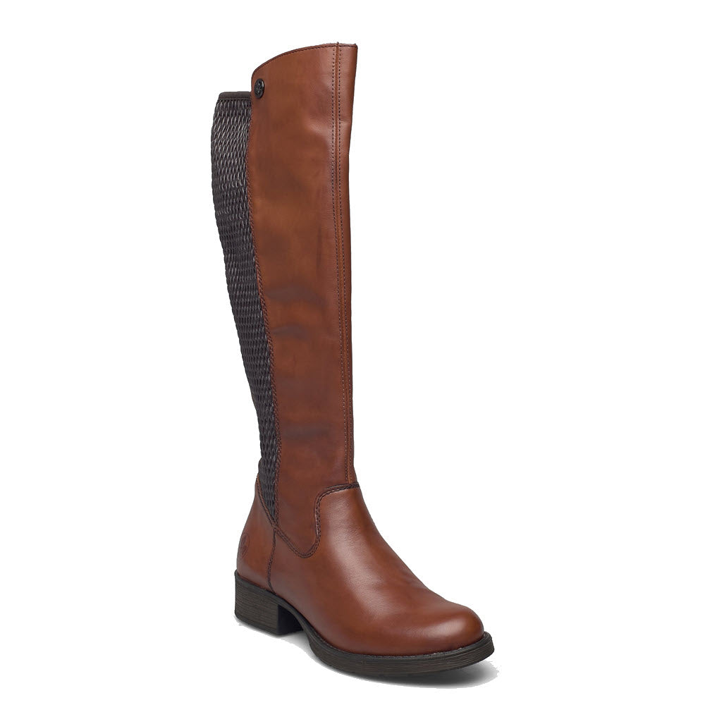 A single Rieker Faith 91 Tan - Womens knee-high boot with an elastic back panel on a white background.