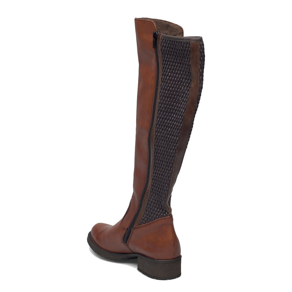 A single Rieker Faith 91 Tan leather knee-high riding boot with an elastic back panel against a white background, featuring classic riding boot style.