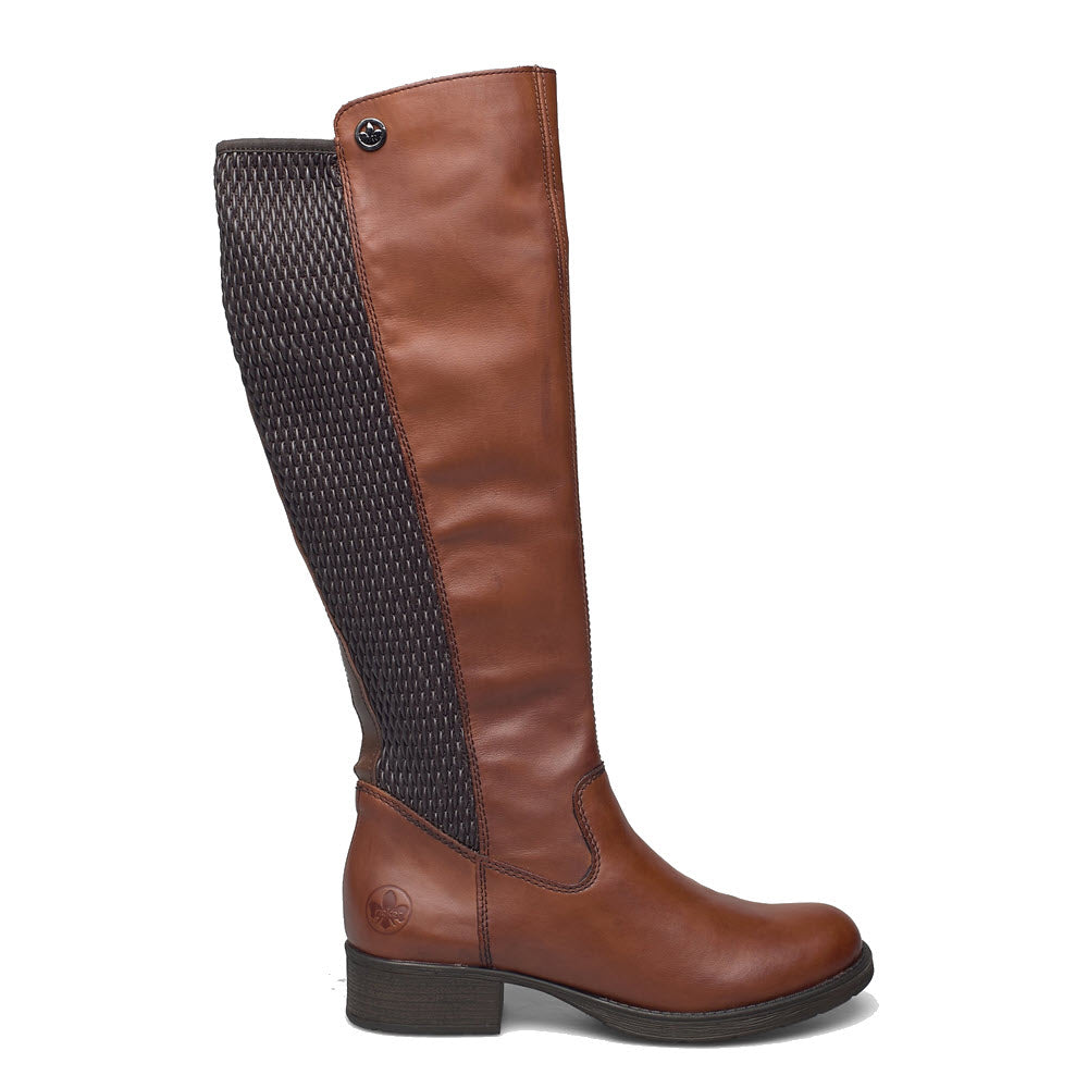 Brown Rieker Faith 91 Tan riding boot style with textured back panel and flat heel.